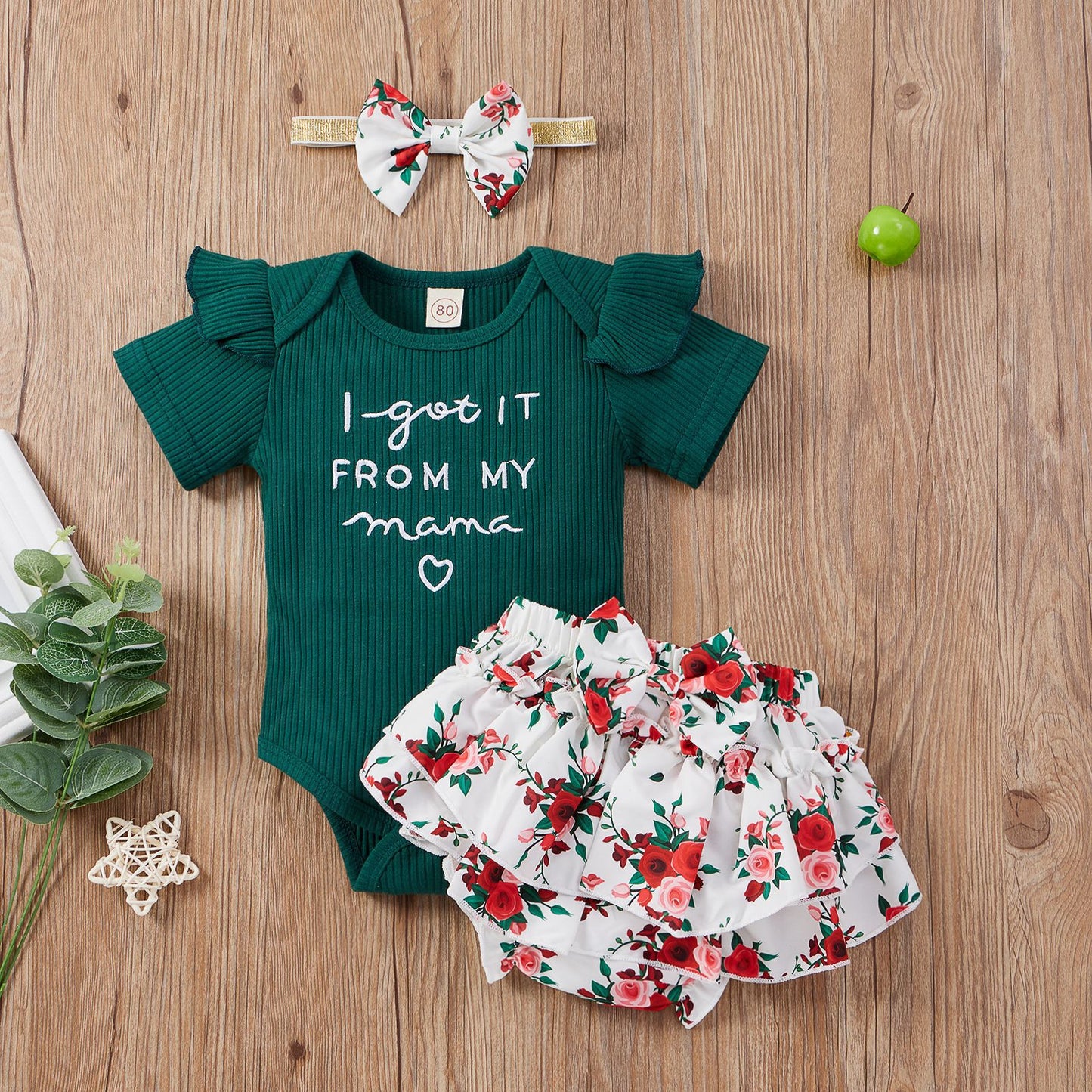 3 Pieces Set Baby Girls Letters Shorts And Bow Headwear