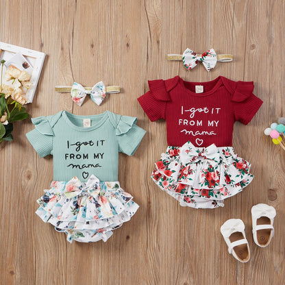 3 Pieces Set Baby Girls Flower Skirts And Bow Headwear