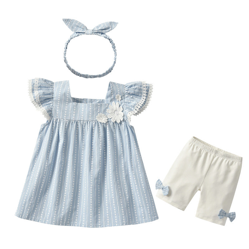 3 Pieces Set Baby Kid Girls Dresses Bow Shorts And Headwear