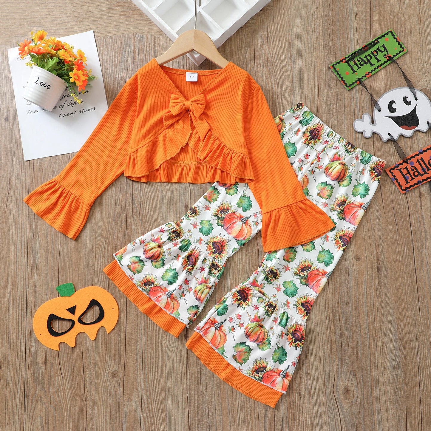 2 Pieces Set Baby Kid Girls Halloween Solid Color Bow Tops And Flower Print Pants Wholesale 220323200