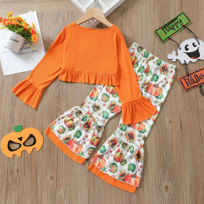 2 Pieces Set Baby Kid Girls Halloween Solid Color Bow Tops And Flower Print Pants Wholesale 220323200