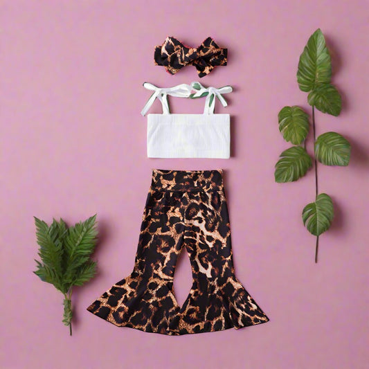 3 Pieces Set Baby Girls Tops Leopard Pants And Bow Headwear