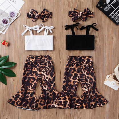 3 Pieces Set Baby Girls Tops Leopard Pants And Bow Headwear