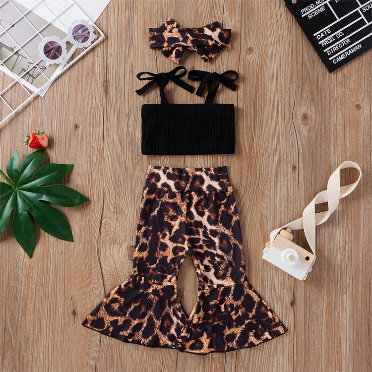 3 Pieces Set Baby Girls Tops Leopard Pants And Bow Headwear