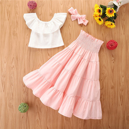 3 Pieces Set Baby Kid Girls Tops And Skirts And Bow Headwear