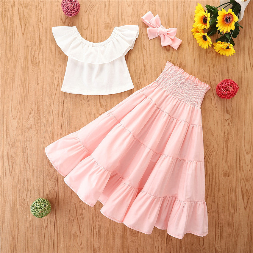 3 Pieces Set Baby Kid Girls Tops And Skirts And Bow Headwear