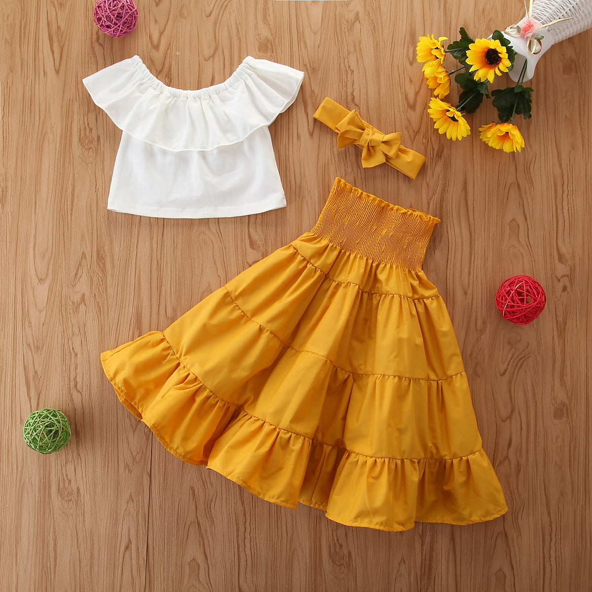 3 Pieces Set Baby Kid Girls Tops And Skirts And Bow Headwear