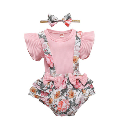 3 Pieces Set Baby Girls Tops And Flower Bow And Headwear