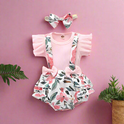 3 Pieces Set Baby Girls Tops And Flower Bow And Headwear