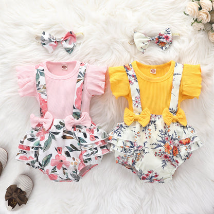 3 Pieces Set Baby Girls Tops And Flower Bow And Headwear