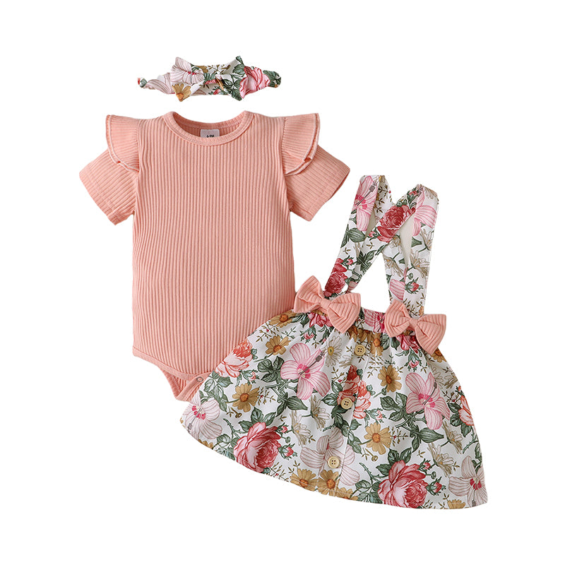 3 Pieces Set Baby Girls Flower Dresses And Bow Headwear