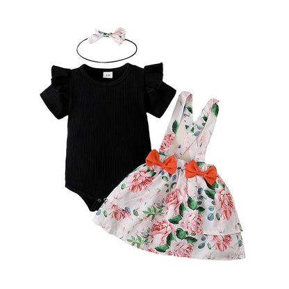 3 Pieces Set Baby Girls Flower Dresses And Bow Headwear