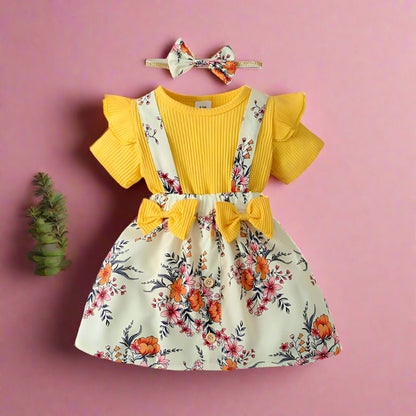 3 Pieces Set Baby Girls Flower Dresses And Bow Headwear