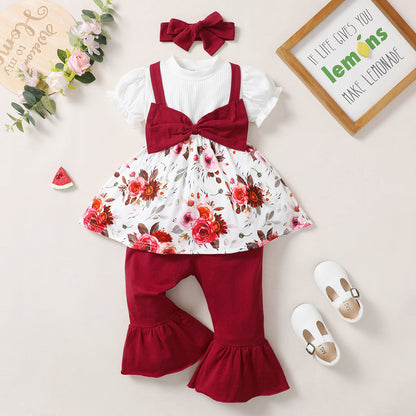 3 Pieces Set Baby Kid Girls Bow Tops Pants And Headwear