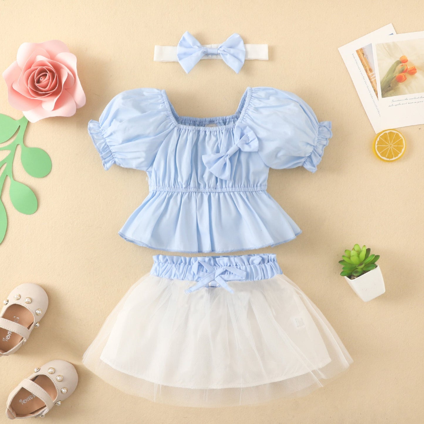 3 Pieces Set Kid Girls Bow Headwear T-Shirts And Lace Skirts