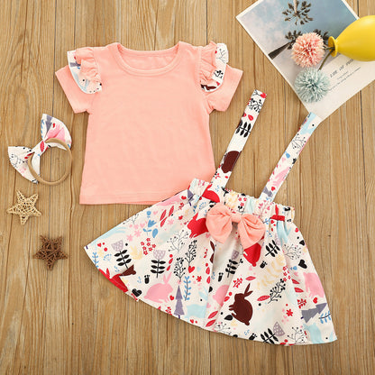 3 Pieces Set Baby Kid Girls Tops And Bow Skirts And Headwear