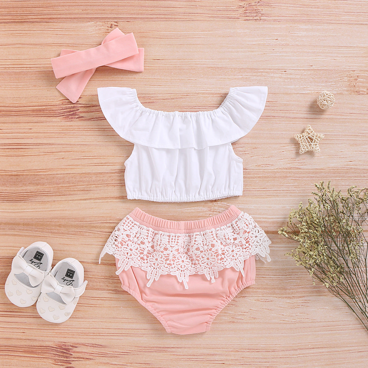 3 Pieces Set Baby Girls Tops And Shorts And Headwear