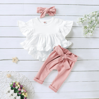 3 Pieces Set Baby Kid Girls Solid Color Bow Pants Tops And Headwear