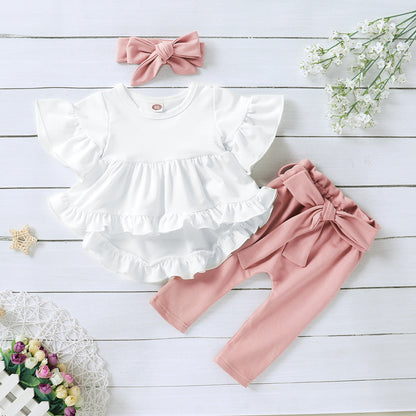 3 Pieces Set Baby Kid Girls Solid Color Bow Pants Tops And Headwear