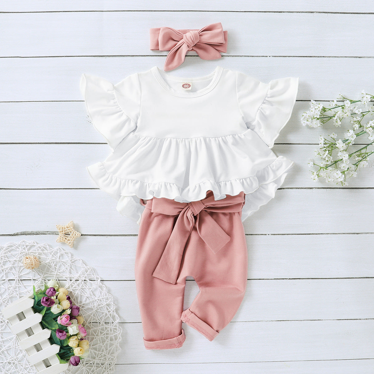 3 Pieces Set Baby Kid Girls Solid Color Bow Pants Tops And Headwear