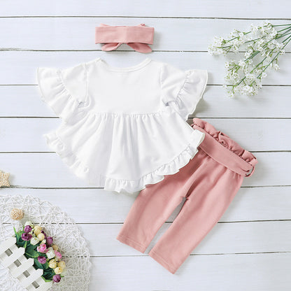 3 Pieces Set Baby Kid Girls Solid Color Bow Pants Tops And Headwear