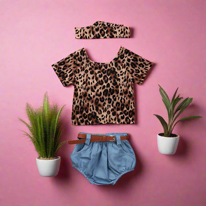 3 Pieces Set Baby Girls Leopard Tops Shorts And Bow Headwear