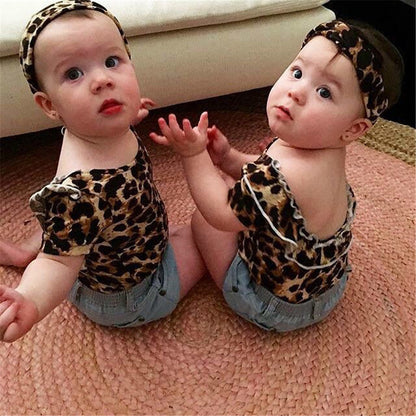 3 Pieces Set Baby Girls Leopard Tops Shorts And Bow Headwear