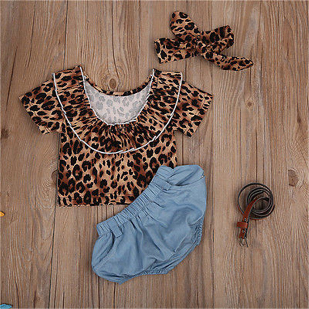 3 Pieces Set Baby Girls Leopard Tops Shorts And Bow Headwear