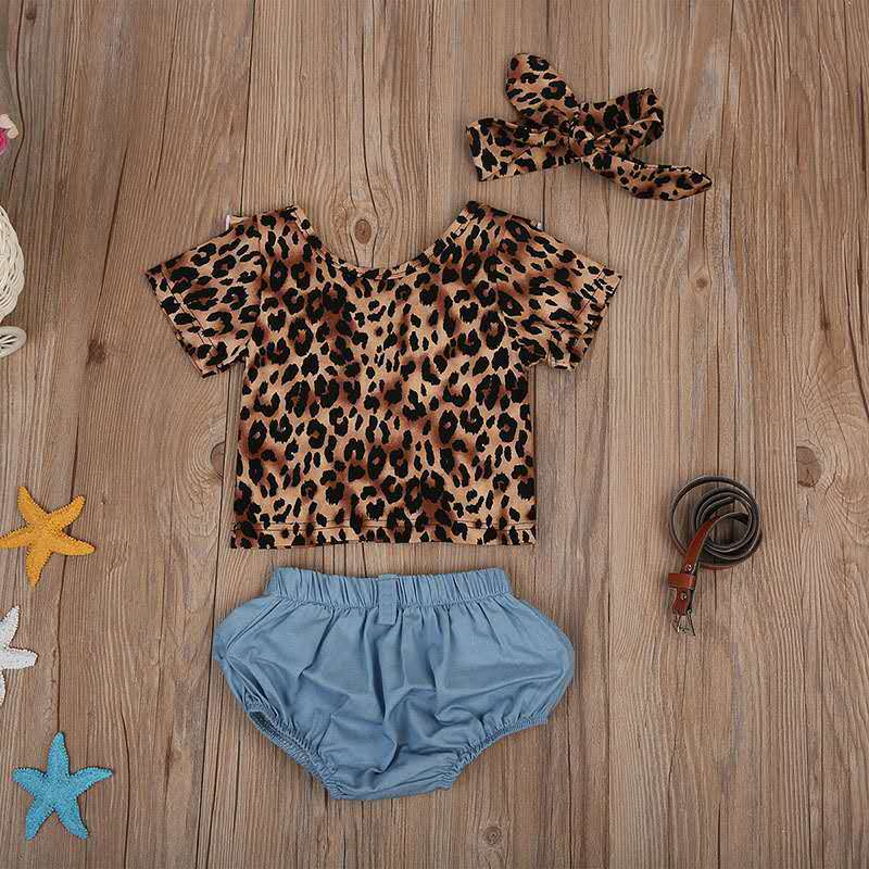 3 Pieces Set Baby Girls Leopard Tops Shorts And Bow Headwear