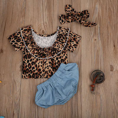 3 Pieces Set Baby Girls Leopard Tops Shorts And Bow Headwear