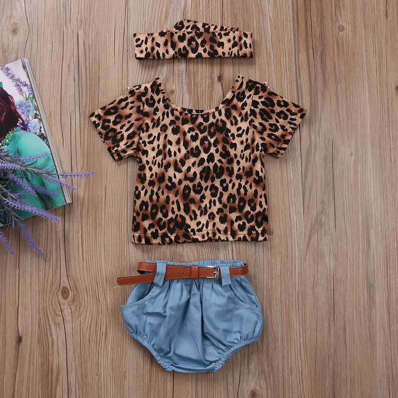 3 Pieces Set Baby Girls Leopard Tops Shorts And Bow Headwear