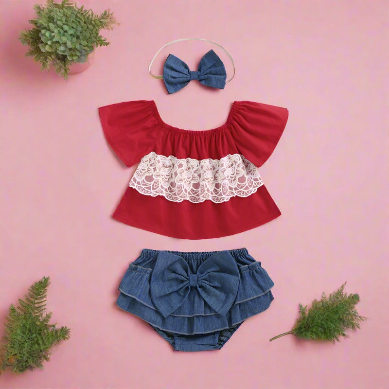 3 Pieces Set Baby Girls Tops And Bow Shorts And Headwear