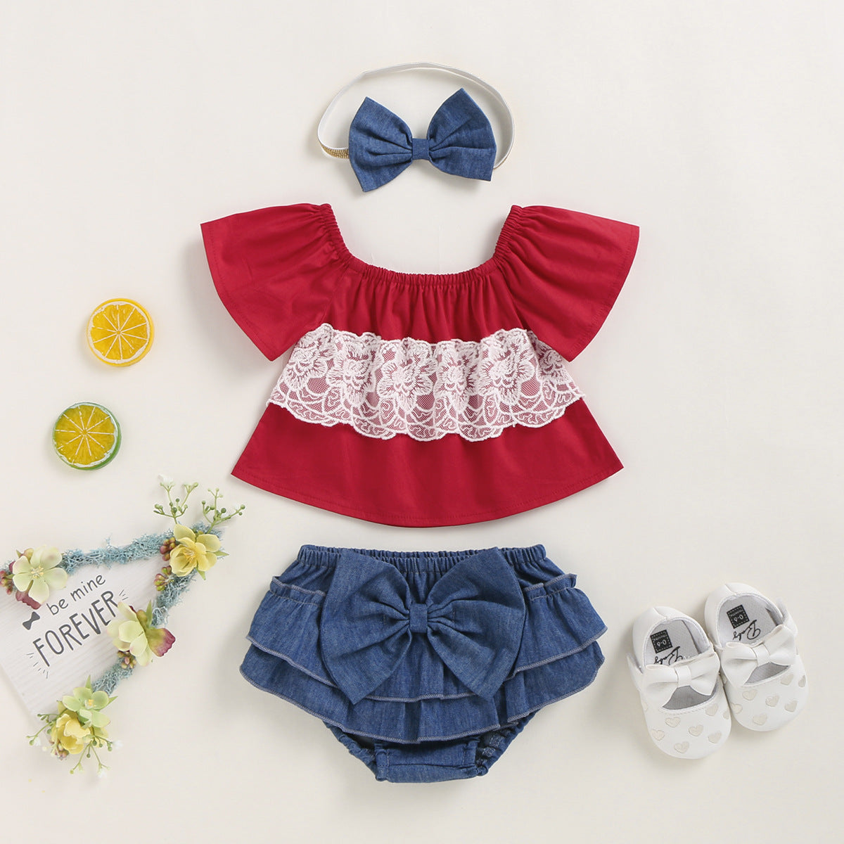 3 Pieces Set Baby Girls Tops And Bow Shorts And Headwear