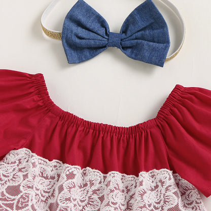 3 Pieces Set Baby Girls Tops And Bow Shorts And Headwear