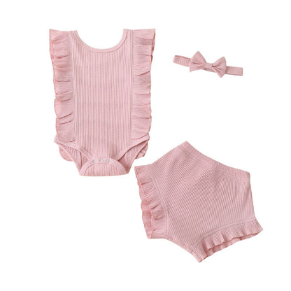 3 Pieces Set Baby Girls Solid Color Shorts And Bow Headwear