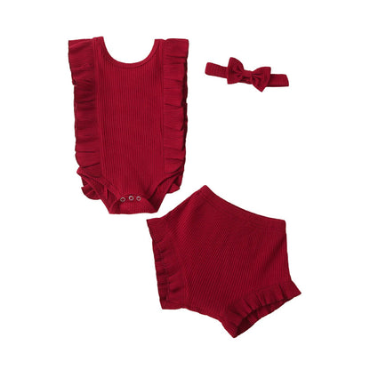 3 Pieces Set Baby Girls Solid Color Shorts And Bow Headwear