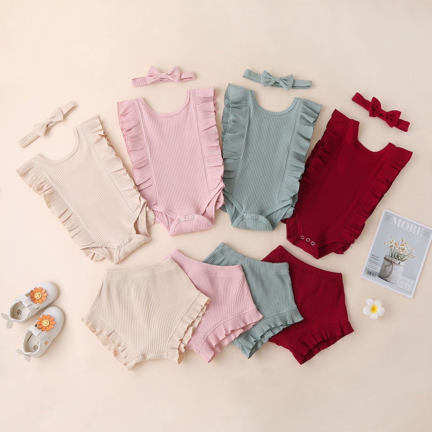 3 Pieces Set Baby Girls Solid Color Shorts And Bow Headwear