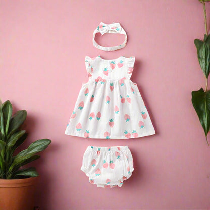 3 Pieces Set Baby Girls Fruit Bow Print Dresses And Underwears