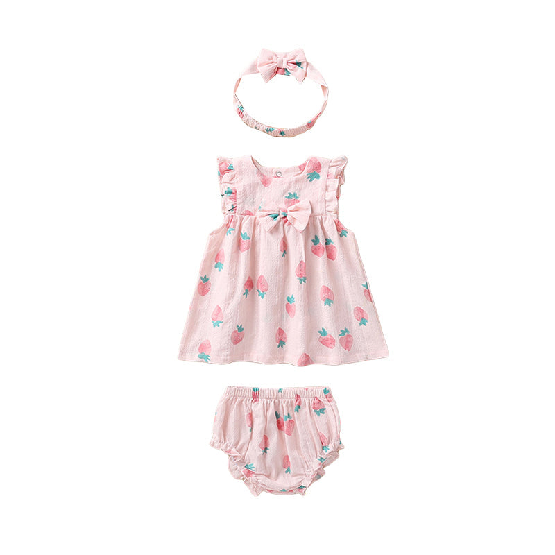 3 Pieces Set Baby Girls Fruit Bow Print Dresses And Underwears