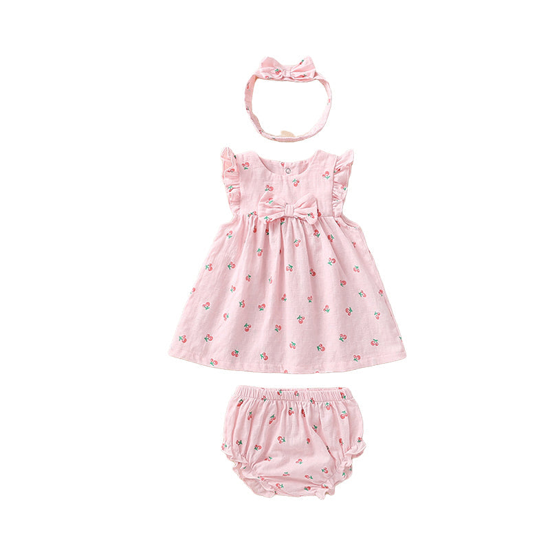 3 Pieces Set Baby Girls Fruit Bow Print Dresses And Underwears