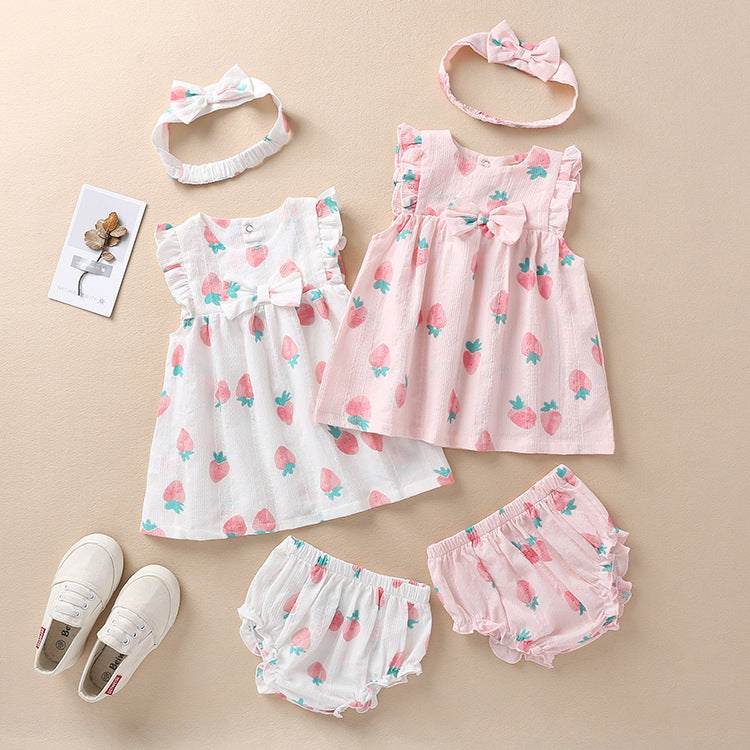 3 Pieces Set Baby Girls Fruit Bow Print Dresses And Underwears