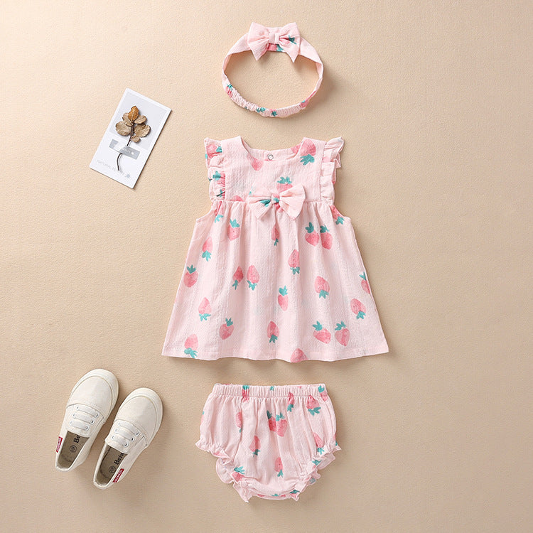 3 Pieces Set Baby Girls Fruit Bow Print Dresses And Underwears