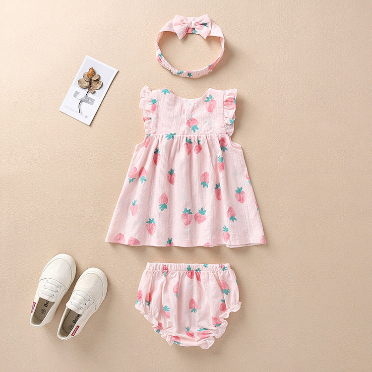 3 Pieces Set Baby Girls Fruit Bow Print Dresses And Underwears