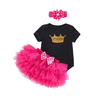 3 Pieces Set Baby Girls Bow Alphabet Rompers Skirts And Headwear