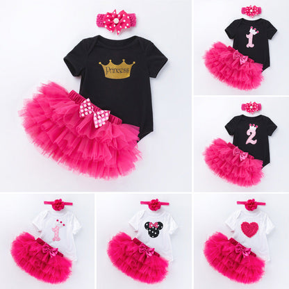 3 Pieces Set Baby Girls Bow Alphabet Rompers Skirts And Headwear