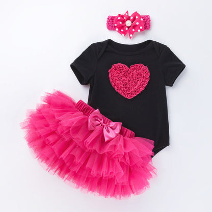 3 Pieces Set Baby Girls Bow Alphabet Rompers Skirts And Headwear