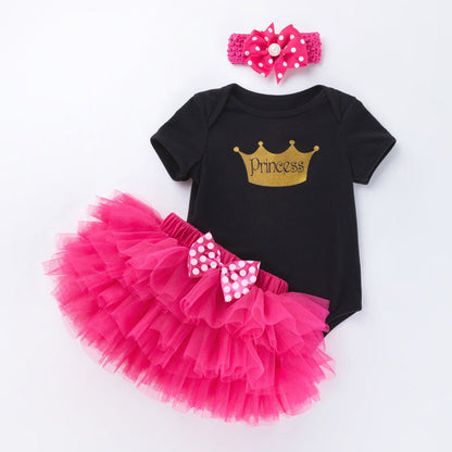 3 Pieces Set Baby Girls Bow Alphabet Rompers Skirts And Headwear