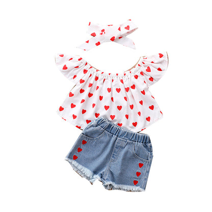 3 Pieces Set Kid Girls Headwear Blouses And Solid Color Shorts