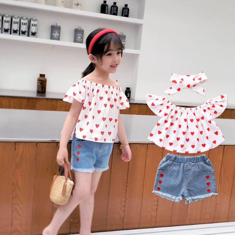 3 Pieces Set Kid Girls Headwear Blouses And Solid Color Shorts