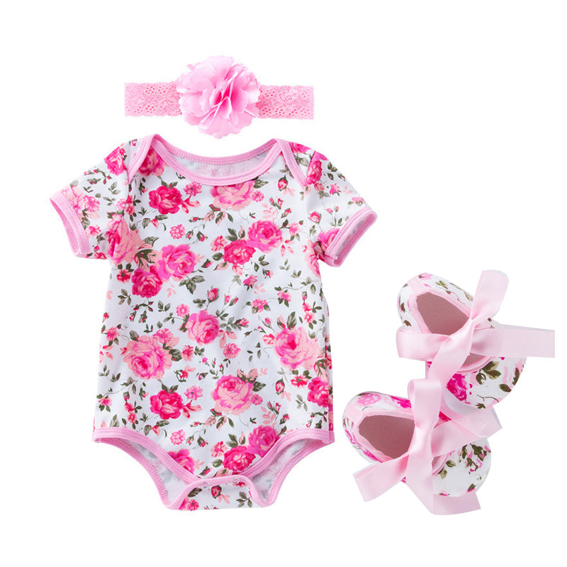 3 Pieces Set Baby Girls Rompers And Bow Shoes And Headwear